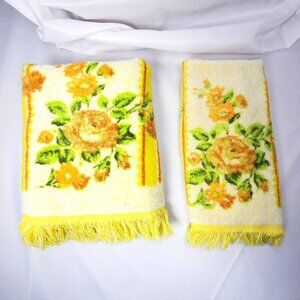 VTG Cannon 70s Yellow Rose Floral Cotton Bath & Hand Towels With Fringe Edge USA
